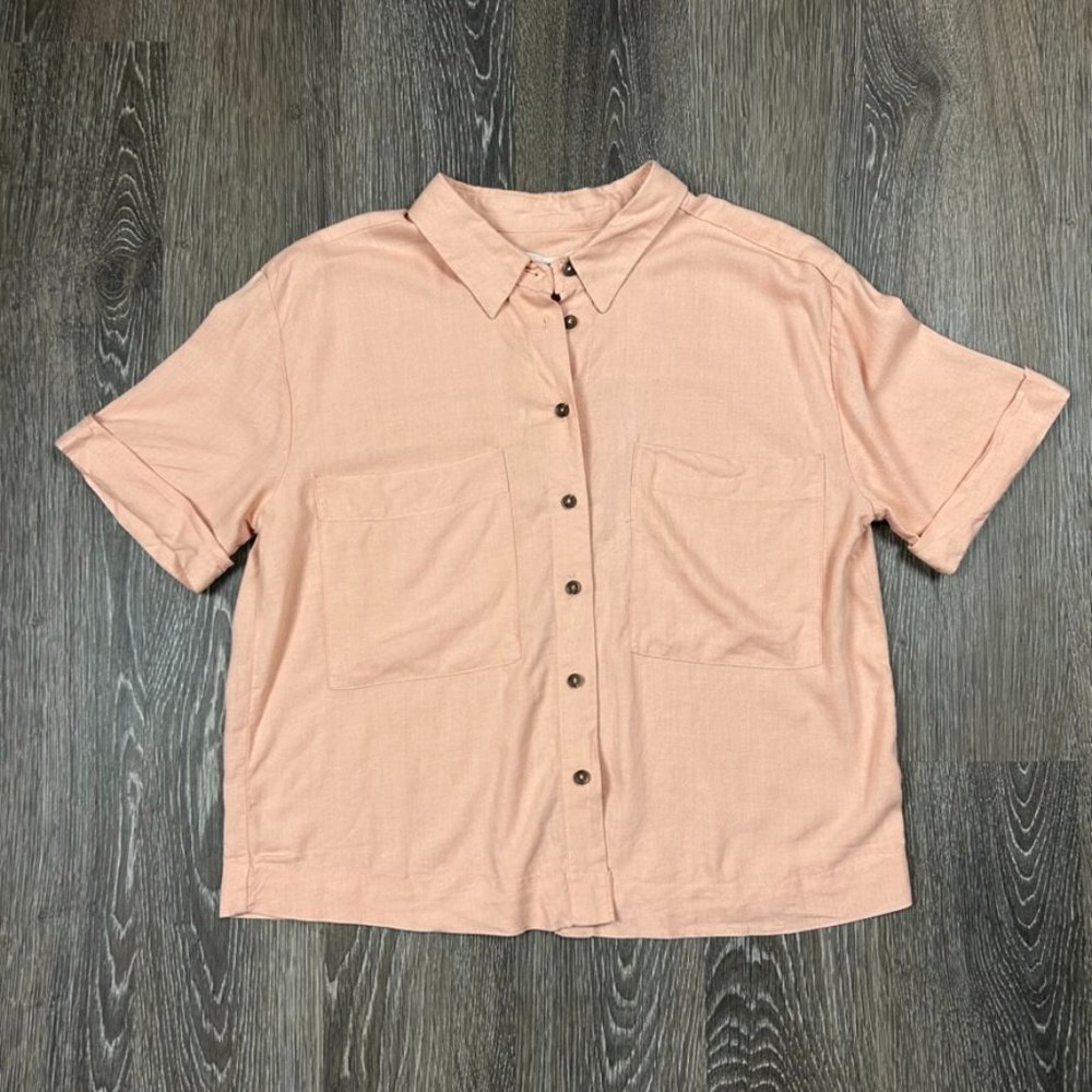 Alexander Jordon NWT 100% Linen Cropped Button Up Short Sleeve Shirt Size M